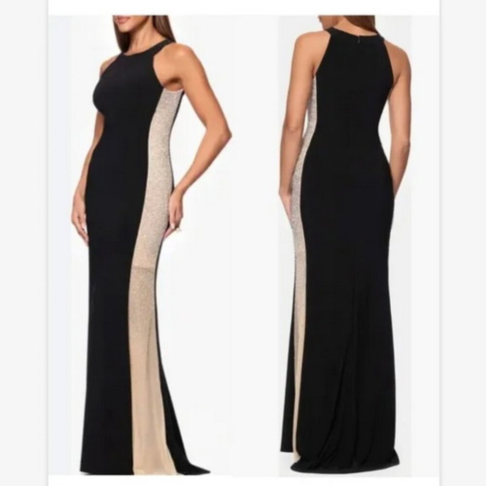 Xscape Black Nude Silver Crystal Beaded Sleeveless Dress Gown